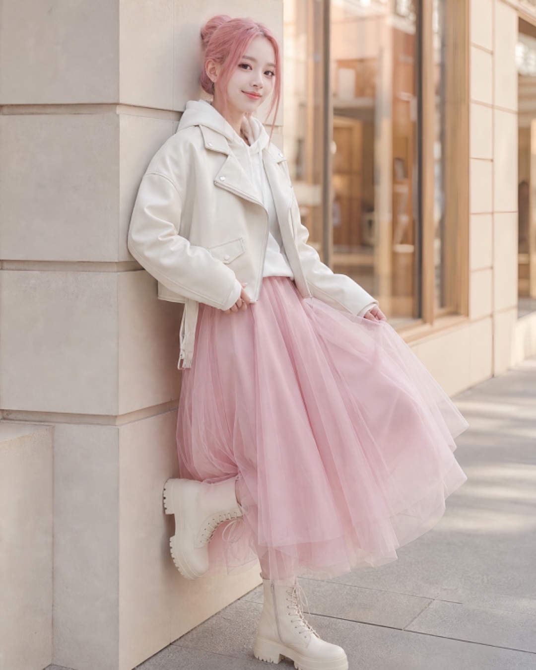 Deliberately contrasting soft and hard textures, this design perfectly blends the feminine grace of tulle with the edgy rebellion of leather, creating a uniquely captivating tension that is sweet yet fierce. 刻意把軟和硬的材質和布料碰撞,完美揉合了紗裙的柔美與皮革的叛逆,展現出甜而不膩、帥氣滿分的獨特張力。
PS: Choosing the right tulle fabric and silhouette is crucial. Selecting a piece with enough fabric to create a voluminous look is essential to easily achieve visual and sensory balance with your top.
PS: 選擇紗裙材質和剪裁很重要,選擇一條足夠布料營造到蓬鬆感,才能輕易