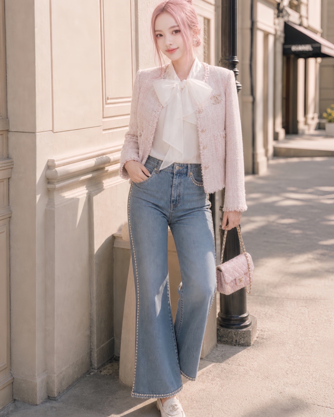 Pairing a pink Chanel tweed jacket with a sleek, structured bow-tie blouse creates a soft, textural layering between the jacket's tweed fabric and the blouse's oversized bow detail. Add a pair of 1980s vintage denim jeans borrowed from Mom's wardrobe, which injects a unique, personal twist into the overall look.
把粉色的Chanel外套配上線條脷落的大蝴蝶結襯衫,讓外套的喱絨質感和襯衫的大蝴蝶結裝飾產生一種柔和的層次感,配一條從媽媽衣櫥借來穿著80年代牛仔褲,牛仔褲讓造型在自己的個性上增添一點不一樣的調味。