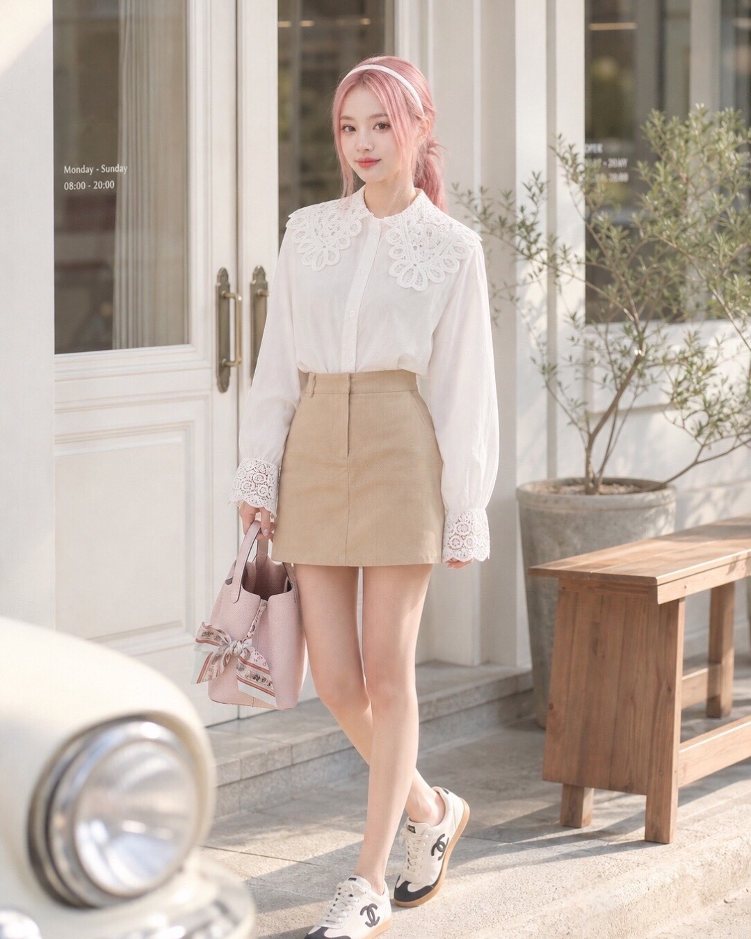 This 'young lady's afternoon tea' look uses clean silhouettes to create a minimalist style with a subtle twist. Composed of sleek, sharp-lined pieces with no redundant embellishments, the absolute star of this OOTD is the unforgettable, eye-catching intricate lace oversized collar. Pure vintage perfection! 這套刻意用輪廓線條營造看似簡約、其實暗藏小心機的「千金小姐下午茶造型」,從頭到腳的衣飾都是由線條俐落的單品組合而成。沒有多餘繁複的裝飾,而那件讓人一眼難忘、瞬間聚焦的精緻蕾絲大領子,便是這套 OOTD 的絕對主角,滿滿的復古細節讓人見之難忘!