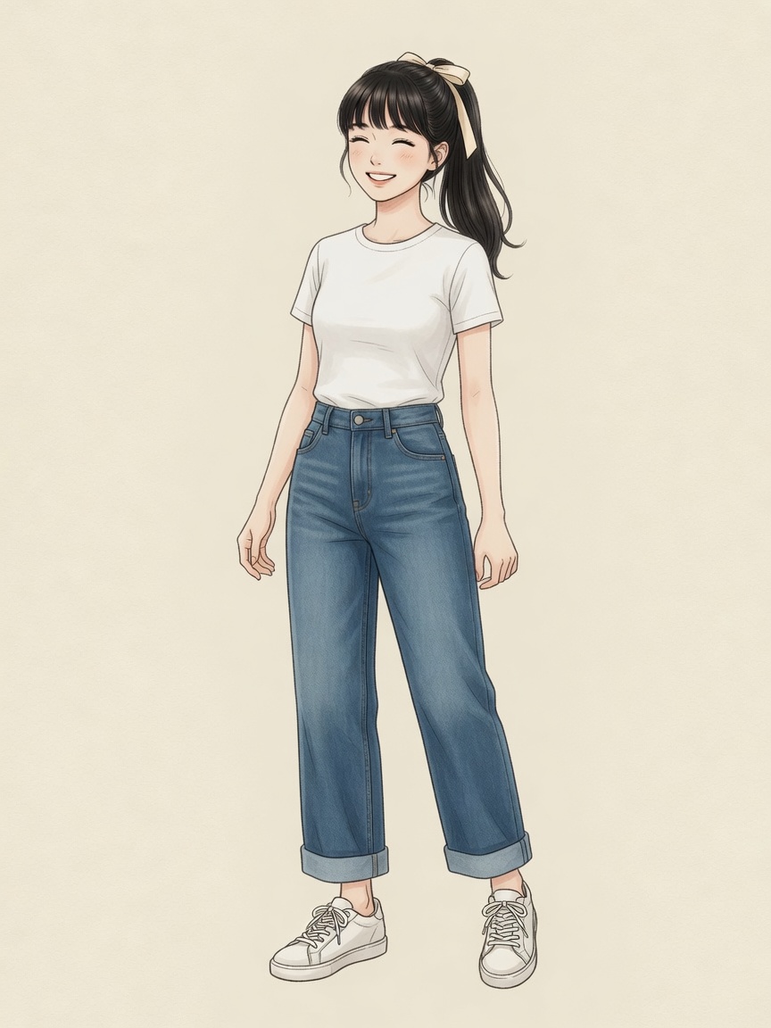 【教學圖 · 漫畫示範】
白 tee + 藍闊腳牛仔褲
公式穿法：淨色 tee 配闊腳牛仔
#教學 #漫畫OOTD #uniqlo #zara