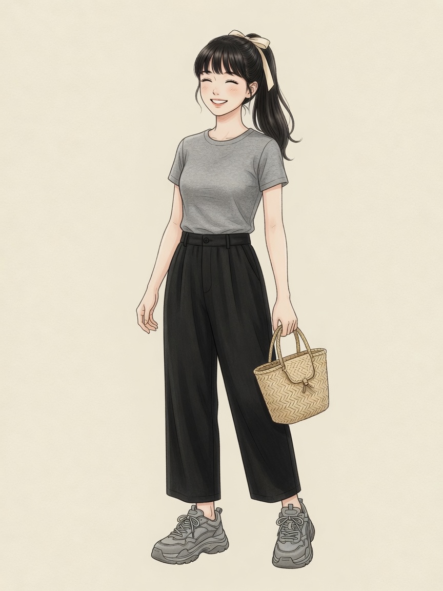 【教學圖 · 漫畫示範】
灰 tee + 黑闊腳長褲 + 灰波鞋
最懶日常制服示意
#教學 #漫畫OOTD #uniqlo